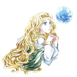 Rule 34 | 1girl, aomarinesword, blonde hair, blue eyes, boku no chikyuu o mamotte, dated, earth (planet), facial mark, forehead mark, highres, interlocked fingers, long hair, mokuren, planet, signature, simple background, solo, white background