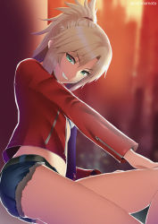 Rule 34 | 1girl, ashino moto, bandeau, blonde hair, blue shorts, braid, breasts, cutoffs, denim, denim shorts, fate/apocrypha, fate (series), french braid, grin, hair ornament, hair scrunchie, highres, jacket, long hair, long sleeves, looking at viewer, mordred (fate), mordred (fate/apocrypha), mordred (memories at trifas) (fate), open clothes, open jacket, parted bangs, ponytail, red jacket, red scrunchie, scrunchie, short shorts, shorts, sidelocks, sitting, small breasts, smile, solo, thighs, zipper