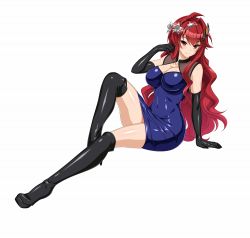 Rule 34 | 1girl, black footwear, black gloves, black thighhighs, boots, breasts, cle masahiro, cleavage, dress, elbow gloves, gloves, hair ornament, high heel boots, high heels, kisaragi setsuna, large breasts, looking at viewer, official art, red eyes, shiny clothes, simple background, skin tight, smile, solo, thigh boots, thighhighs, valkyrie drive, valkyrie drive -siren-, white background