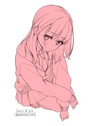 Rule 34 | 1girl, artist name, blush, cardigan, closed mouth, collared shirt, dated, from above, highres, long sleeves, looking at viewer, looking up, medium hair, monochrome, necktie, original, pleated skirt, school uniform, shirt, simple background, sketch, skirt, solo, squatting, unasaka ryou, white background