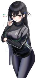 Rule 34 | 1girl, black eyes, black hair, black jacket, black pants, blush, breasts, check copyright, copyright request, hair ornament, hanasaka houcha, hand up, highres, jacket, large breasts, long hair, long sleeves, looking at viewer, meme, mole, mole under eye, original, pants, parted lips, simple background, solo, thighs, twitter strip game (meme), white background