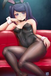 Rule 34 | 1girl, animal ears, bare shoulders, black bow, black leotard, black pantyhose, blush, bow, breasts, couch, dark background, detached collar, fake animal ears, finalcake, hand on own thigh, hand to own mouth, highres, impossible clothes, jill stingray, leotard, looking at viewer, medium breasts, on couch, pantyhose, parted lips, playboy bunny, purple eyes, purple hair, rabbit ears, reclining, sitting, small breasts, solo, spread fingers, thighs, twintails, va-11 hall-a, white wrist cuffs, wrist cuffs