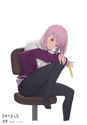 Rule 34 | absurdres, black pantyhose, black skirt, boxcutter, closed mouth, crossed arms, dated, davidhuang701, feet on chair, gridman universe, highres, holding boxcutter, jacket, long sleeves, looking at viewer, miniskirt, pantyhose, purple hair, purple jacket, red eyes, shinjou akane, shirt, short hair, simple background, sitting, skirt, smile, ssss.gridman, white background, white shirt