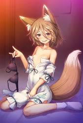 Rule 34 | 1girl, animal ear fluff, animal ears, bare shoulders, black bra, bra, unworn bra, breasts, brown eyes, brown hair, chima q, collarbone, commentary request, corked bottle, covered navel, fox ears, fox girl, fox shadow puppet, fox tail, hair between eyes, heart, highres, holding, holding bra, holding clothes, holding test tube, holding underwear, jumpsuit pull, kudamaki tsukasa, looking at viewer, no shoes, onesie, parted lips, puffy short sleeves, puffy sleeves, short hair, short sleeves, simple background, sitting, small breasts, smile, socks, solo, tail, test tube, textless version, touhou, underwear, wariza, white socks