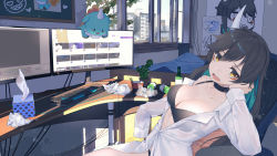 Rule 34 | 1girl, bare shoulders, bed, black bra, black hair, black panties, blue hair, board, bottle, bra, breasts, brown eyes, cactus, chair, cheek rest, choker, cleavage, collarbone, collared shirt, cup, day, desk, disposable cup, dress shirt, eyeshadow, highres, horns, indoors, keyboard (computer), large breasts, long hair, long sleeves, looking at viewer, makeup, monitor, multicolored hair, off shoulder, open mouth, original, panties, partially unbuttoned, plant, potted plant, sharp teeth, shirt, single horn, sitting, slumcat, solo, stuffed animal, stuffed toy, sunlight, teeth, tissue box, two-tone hair, underwear, used tissue, white shirt, window