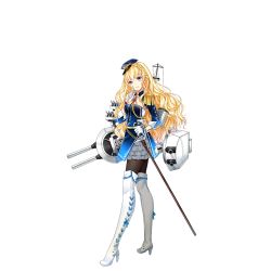 Rule 34 | 1girl, black pantyhose, blonde hair, blue eyes, boots, braid, breasts, cannon, cleavage, cleavage cutout, clothing cutout, epaulettes, finger to face, frilled skirt, frills, full body, glorious (warship girls r), gloves, hat, head tilt, high heel boots, high heels, long hair, machinery, pantyhose, peaked cap, scabbard, sheath, sheathed, skirt, smile, solo, sword, thigh boots, thighhighs, transparent background, turret, warship girls r, weapon, white footwear, white gloves, white thighhighs, zhenming