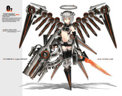 Rule 34 | 1girl, android, breasts, cross, cyborg, english text, female focus, gia, gun, halo, highres, mecha musume, mechanical halo, mechanical wings, midriff, orange eyes, original, oxygen (gia), personification, short hair, silver hair, solo, sword, text focus, underboob, weapon, wings