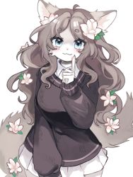 Rule 34 | 1girl, :3, ahoge, animal ears, animal hands, animal nose, black sweater, blue eyes, blush, body fur, breasts, brown hair, claws, closed mouth, collared shirt, cowboy shot, female focus, flower, fox ears, fox girl, fox tail, furry, furry female, grey fur, hair flower, hair ornament, happy, head tilt, highres, index finger raised, large breasts, long hair, long sleeves, looking at viewer, miniskirt, original, parted bangs, pawpads, pleated skirt, sami (yaonga797), school uniform, shirt, sidelocks, simple background, skirt, smile, solo, standing, straight-on, sweater, tail, tail flower, tail ornament, two-tone fur, wavy hair, white background, white flower, white fur, white shirt, white skirt