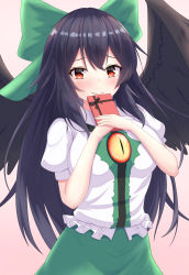 Rule 34 | 1girl, absurdres, bird wings, black hair, blouse, blush, bow, box, breasts, closed mouth, commentary request, gift, gradient background, green bow, green skirt, hair bow, highres, holding, holding box, holding gift, large breasts, long hair, looking at viewer, o1118, pink background, puffy short sleeves, puffy sleeves, red eyes, reiuji utsuho, shirt, short sleeves, simple background, skirt, smile, solo, third eye, touhou, valentine, very long hair, white background, white shirt, wings
