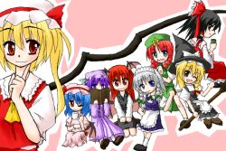 Rule 34 | &gt;:d, 00s, 6+girls, :d, ;d, alternate eye color, alternate wings, apron, arm up, bat wings, beret, black dress, black eyes, black hair, blonde hair, blue dress, blue eyes, blue hair, blue ribbon, book, bow, braid, broom, brown eyes, chibi, china dress, chinese clothes, cup, detached sleeves, dress, dress shirt, embodiment of scarlet devil, eyebrows, female focus, finger to face, flandre scarlet, green ribbon, hair bow, hair tubes, hakurei reimu, hat, hat bow, hat ribbon, head wings, hong meiling, index finger raised, izayoi sakuya, kirisame marisa, kneeling, koakuma, long hair, low wings, maid, maid apron, maid headdress, mini person, minigirl, mob cap, multiple girls, no nose, one eye closed, open book, open mouth, outline, patchouli knowledge, purple dress, purple eyes, purple hair, red eyes, red hair, remilia scarlet, ribbon, saucer, shirt, short hair, siblings, side ponytail, silver hair, simple background, single braid, sisters, skirt, skirt set, smile, star (symbol), striped clothes, striped dress, teacup, telya, touhou, twin braids, v-shaped eyebrows, v arms, vertical stripes, vest, waist apron, waving, white shirt, wings, wink, witch hat