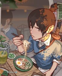 Rule 34 | 1boy, absurdres, artist name, atoroux, black hair, chainsaw man, chopsticks, collared shirt, cup, dappled sunlight, drinking straw, earrings, egg, food, gun sling, hayakawa aki, highres, holding, holding chopsticks, jewelry, katana, looking to the side, menu, noodles, ramen, reflection, shirt, short hair, sitting, sleeves rolled up, solo, stud earrings, sunlight, sword, topknot, weapon, weapon on back, white shirt