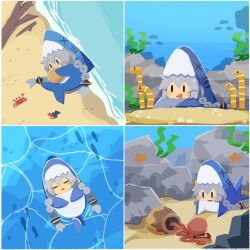 Rule 34 | 1girl, afloat, alternate costume, animal costume, beach, beached, blue eyes, blush stickers, braid, caustics, chibi, closed eyes, collage, commentary, crab, driftwood, eating, food, from above, garden eel, grey hair, hermit crab, highres, holding, holding food, kizuna akari, konohoshi, long hair, lying, multiple views, ocean, octopus, on side, on stomach, open mouth, ripples, rock, sand, school of fish, seaweed, shark costume, silhouette, sleeping, smile, starfish, storage pot, symbol-only commentary, twin braids, underwater, v-shaped eyebrows, vocaloid, voiceroid, | |