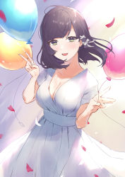Rule 34 | 1girl, absurdres, ahoge, balloon, black hair, blurry, blurry background, bow, breasts, character request, chromatic aberration, cleavage, copyright request, dress, green eyes, hair bow, hair lift, head tilt, highres, large breasts, light blush, looking at viewer, medium breasts, medium hair, mejiro yae, open mouth, petals, sash, short sleeves, smile, solo, v, white dress, white sash, wind, wind lift