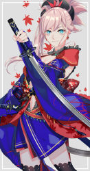 Rule 34 | 1girl, asymmetrical hair, black thighhighs, blue eyes, blue kimono, blue sleeves, cowboy shot, detached sleeves, fate/grand order, fate (series), gina 61324, grey background, hair between eyes, hair ornament, highres, holding, holding sword, holding weapon, japanese clothes, katana, kimono, long hair, long sleeves, looking at viewer, midriff, miyamoto musashi (fate), miyamoto musashi (third ascension) (fate), navel, print sleeves, short kimono, side ponytail, silver hair, simple background, sleeveless, sleeveless kimono, smile, solo, standing, stomach, sword, thighhighs, weapon