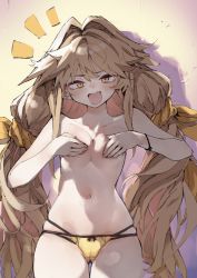 Rule 34 | 1girl, amunero (kyouka jinrui amunero), blonde hair, blush, breasts, breasts squeezed together, cameltoe, covering privates, covering breasts, hair intakes, hair ribbon, highres, hyocorou, kyouka jinrui amunero, long hair, looking at viewer, low twintails, multicolored hair, notice lines, open mouth, orange eyes, panties, pink hair, ribbon, simple background, solo, topless, twintails, underwear, very long hair, yellow panties, yellow ribbon