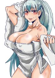 Rule 34 | 1girl, absurdres, blue hair, blush, breasts, cleavage, collarbone, covered erect nipples, cowboy shot, foreshortening, hair between eyes, heiseikorotaisei, highres, kamishirasawa keine, large breasts, long hair, naked towel, ponytail, red eyes, simple background, smile, solo, thighs, touhou, towel, very long hair, wet, white background
