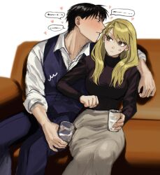 Rule 34 | 1boy, 1girl, absurdres, anger vein, black hair, black shirt, blonde hair, blush, breasts, couch, cup, drunk, earrings, eye contact, fullmetal alchemist, heart, hetero, highres, holding, holding cup, jewelry, large breasts, long sleeves, looking at another, on couch, ozaki (tsukiko3), pearl earrings, pushing, riza hawkeye, roy mustang, shirt, simple background, sitting, sleeves rolled up, speech bubble, white background