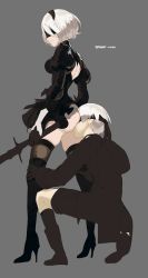 Rule 34 | 1boy, 1girl, 2b (nier:automata), 9s (nier:automata), absurdres, anilingus, artist name, ass, backless dress, backless outfit, bad id, bad tumblr id, blindfold, boots, breasts, brekkist, closed mouth, cunnilingus, dress, face in ass, full body, gloves, grey background, hairband, hetero, high heel boots, high heels, highres, holding, holding sword, holding weapon, legs apart, leotard, medium breasts, mole, mole under mouth, nier:automata, nier (series), oral, revision, simple background, skindentation, squatting, standing, standing anilingus, standing cunnilingus, sword, thigh boots, thighhighs, thighs, weapon, white hair