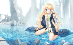 Rule 34 | 1girl, :d, blonde hair, blue eyes, blush, hair ribbon, hairband, hand on own chest, harmonia (key), highres, hinoue itaru, long hair, official art, open mouth, outstretched arm, partially submerged, ribbon, ruins, shiona (harmonia), smile, solo, sparkle print, very long hair, water