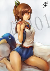 Rule 34 | 10s, 1girl, brown eyes, brown hair, character name, dark-skinned female, dark skin, failure penguin, i-401 (kancolle), kantai collection, one-piece swimsuit, personification, school swimsuit, school uniform, serafuku, solo, sowel (sk3), swimsuit, swimsuit under clothes