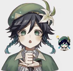 Rule 34 | 1boy, beret, black hair, blue hair, braid, cape, collared cape, commentary, flower, genshin impact, genshin impact sticker redraw (meme), gradient hair, green cape, green eyes, green hat, hat, hat flower, highres, male focus, meme, multicolored hair, open mouth, short hair with long locks, solo, surprised, symbol-only commentary, twin braids, venti (genshin impact), white flower, woooi