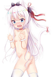 Rule 34 | 1girl, animal ears, ass, azur lane, black bow, blue eyes, blush, bow, breasts, cat ears, cat girl, cat hair ornament, cat tail, claw pose, collarbone, commentary request, fang, hair between eyes, hair bow, hair censor, hair ornament, hair over breasts, hair over one breast, hair ribbon, hammann (azur lane), hands up, highres, kemonomimi mode, long hair, navel, nose blush, nude, one side up, open mouth, red bow, red ribbon, ribbon, satori (ymoy), silver hair, simple background, skindentation, small breasts, solo, sweat, tail, tail bow, tail ornament, tail raised, thighhighs, very long hair, white background, white thighhighs, wrist cuffs