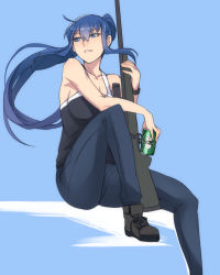 Rule 34 | 10s, 1girl, bad id, bad pixiv id, ban! (bansankan), beer can, blue eyes, blue hair, bolt action, boots, breasts, can, cleavage, denim, drink can, grisaia (series), grisaia no rakuen, gun, highres, jeans, knee up, kusakabe asako, long hair, matching hair/eyes, medium breasts, pants, parted lips, ponytail, rifle, scope, sitting, sniper, sniper rifle, solo, weapon