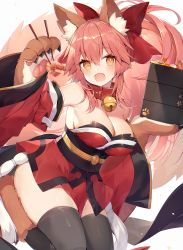 Rule 34 | 1girl, animal ear fluff, animal ears, animal hands, bell, bento, black thighhighs, blush, breasts, cleavage, collar, fate/extra, fate/grand order, fate (series), fox ears, fox girl, fox tail, gloves, hair between eyes, highres, large breasts, long hair, looking at viewer, muryotaro, neck bell, paw gloves, pink hair, shrimp, solo, tail, tamamo (fate), tamamo cat (fate), thighhighs, thighs, white background, yellow eyes