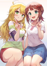 Rule 34 | 2girls, :p, absurdres, ahoge, amami haruka, blonde hair, blush, bow, breasts, brown eyes, brown hair, commission, gradient background, green eyes, hair bow, highres, hoshii miki, idolmaster, idolmaster (classic), long hair, looking at viewer, medium breasts, multiple girls, open mouth, pixiv commission, shirt, short hair, shuucream (syuichi), sitting, smile, striped clothes, striped shirt, tongue, tongue out, v
