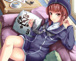 Rule 34 | 10s, 1girl, couch, cup, cushion, desk, nib pen (object), hat, ink bottle, kantai collection, crossed legs, looking at viewer, pen, red eyes, red hair, saucer, short hair, sitting, solo, tea, teacup, yumibakama meme, z3 max schultz (kancolle)
