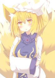 Rule 34 | 1girl, :o, animal ear fluff, animal ears, animal hat, arm grab, blonde hair, blush, breasts, commentary request, daidai ookami, dress, fox ears, fox girl, fox tail, hair between eyes, hat, highres, kitsune, large breasts, long sleeves, looking at viewer, mob cap, orange eyes, parted lips, simple background, sleeves past wrists, solo, tabard, tail, touhou, upper body, white background, white dress, white hat, wide sleeves, yakumo ran