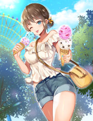 Rule 34 | 1girl, bag, bare shoulders, blue eyes, blue sky, blurry, blush, breasts, brown hair, cloud, cloudy sky, collarbone, commentary request, cowboy shot, day, denim, denim shorts, depth of field, ferris wheel, food, giving, hair bun, hair ribbon, highres, holding, holding food, ice cream, looking at viewer, medium breasts, meesuke, midriff peek, off-shoulder shirt, off shoulder, one eye closed, original, outdoors, outstretched arm, ribbon, shirt, short hair, short shorts, shorts, shoulder bag, sidelocks, single hair bun, sky, solo, standing, thighs, tongue, tongue out, tree, white shirt, yellow ribbon