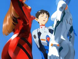 Rule 34 | 1boy, 2girls, ass, ass focus, ayanami rei, blue background, blue hair, bodysuit, breasts, brown hair, curvy, flat ass, hairpods, highres, ikari shinji, interface headset, jenn59959, lips, medium breasts, multiple girls, neon genesis evangelion, pain, plugsuit, red bodysuit, shiny clothes, short hair, simple background, sitting, souryuu asuka langley, standing, two side up, wide hips