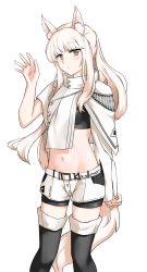 Rule 34 | 1girl, absurdres, animal ear fluff, animal ears, arknights, asymmetrical sleeves, black footwear, black shirt, blush, boots, commentary, crop top, feet out of frame, grey eyes, groin, hand up, highres, horse ears, jacket, long hair, looking at viewer, midriff, navel, neti (cpu11151), platinum (arknights), shirt, short shorts, shorts, simple background, solo, standing, stomach, tail, thigh boots, very long hair, white background, white hair, white jacket, white shorts