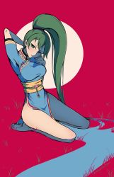Rule 34 | 1girl, arm up, armpits, bare legs, barefoot, blue dress, breasts, corrupted metadata, dress, earrings, fire emblem, fire emblem: the blazing blade, full body, grass, green eyes, green hair, head tilt, highres, jewelry, long hair, looking at viewer, lyn (fire emblem), medium breasts, nintendo, parted lips, pelvic curtain, phiphi-au-thon, ponytail, red background, sash, short sleeves, side slit, sitting, solo, stretching, thighs, turtleneck, wariza