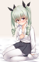 Rule 34 | 10s, 1girl, anchovy (girls und panzer), blush, brown eyes, drill hair, girls und panzer, green hair, highres, long hair, looking at viewer, mikazuchi zeus, pantyhose, ribbon, solo, twin drills, twintails, undressing