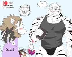 Rule 34 | animal ears, arknights, aslan (leo&amp;aslan), bara, black male underwear, black tank top, blank stare, blue eyes, blush stickers, book, briefs, bulge, cartoonized, character request, dark-skinned male, dark skin, deformed, english text, facial hair, feet out of frame, from side, furry, furry male, furry with furry, furry with non-furry, goatee, highres, holding, holding book, interspecies, large pectorals, leoandaslan (leobongnana), licking, licking another&#039;s cheek, licking another&#039;s face, long sideburns, love potion, male focus, male underwear, mountain (arknights), muscular, muscular male, no mouth, no pants, original, pectorals, protagonist 3 (housamo), scar, scar across eye, scar on arm, short hair, sideburns, solid oval eyes, solo focus, standing, strongman waist, tail, tank top, thick eyebrows, tiger boy, tiger ears, tiger tail, tokyo houkago summoners, toon (style), underwear, v-shaped eyebrows, white hair, yaoi
