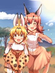 Rule 34 | &gt;:3, &gt;;d, 10s, 2girls, :3, :d, ;d, animal ears, bare shoulders, belt, black hair, blonde hair, blue eyes, bow, bowtie, breasts, brown eyes, caracal (kemono friends), cloud, day, extra ears, fang, fangs, hair between eyes, high-waist skirt, highres, kemono friends, leaning forward, long hair, looking at viewer, medium breasts, multicolored hair, multiple girls, one eye closed, oops, open mouth, orange hair, outdoors, paw pose, serval (kemono friends), serval print, serval tail, shirt, skirt, sky, sleeveless, sleeveless shirt, smile, standing, striped tail, sun, tail, traditional bowtie, tree, two-tone hair, v-shaped eyebrows, white shirt