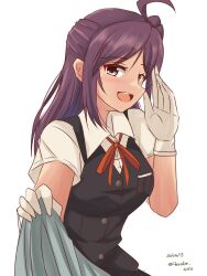 Rule 34 | 1girl, ahoge, bed sheet, black vest, brown eyes, collared shirt, commentary request, dress shirt, gloves, hagikaze (kancolle), highres, holding, kantai collection, looking at viewer, neck ribbon, one-hour drawing challenge, one side up, open mouth, purple hair, red ribbon, ribbon, round teeth, sawatani (chevalier 04056), school uniform, shirt, smile, solo, teeth, upper body, upper teeth only, vest, white gloves, white shirt