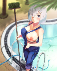 Rule 34 | 1girl, absurdres, alternate costume, blue eyes, blue overalls, breasts, broom, hair ornament, hair over one eye, hairclip, hamakaze (kancolle), highres, holding, holding broom, hose, kantai collection, large breasts, naked overalls, nipples, one breast out, overalls, pool ladder, poolside, sarfata, short hair, silver hair, solo, standing