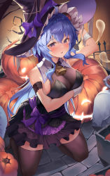 Rule 34 | 1girl, absurdres, alternate costume, arm garter, arm under breasts, arm up, bare shoulders, black leotard, black thighhighs, blue hair, blush, bow, breasts, commentary, fishnets, frilled skirt, frills, ganyu (genshin impact), genshin impact, ghost, goat horns, halloween, halloween costume, hand on headwear, hat, hat bow, highres, horns, kneeling, large breasts, leotard, long hair, looking at viewer, no shoes, parted lips, pengrani, ponytail, pumpkin, purple bow, purple eyes, sidelocks, skirt, solo, stone floor, sweat, thighhighs, thighs, witch hat, wrist cuffs, zettai ryouiki