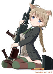 Rule 34 | 1girl, absurdres, ahoge, animal ears, blue eyes, blush, breasts, brown hair, bullet, closed mouth, commentary request, dated, gun, hair ornament, highres, holding, holding weapon, long braid, lynette bishop, machine gun, magazine (weapon), medium breasts, naruchisukisuki, seiza, sitting, smile, solo, strike witches, thighhighs, weapon, white background, world witches series