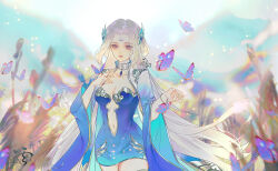 Rule 34 | 1girl, artist request, blue dress, blue eyes, blurry, blurry background, bracelet, bug, butterfly, collar, doupo cangqiong, dress, facial mark, forehead mark, hair ornament, highres, insect, jewelry, long hair, long sleeves, metal collar, mountain, navel, parted lips, second-party source, solo, teeth, upper body, white hair, yun yun (doupo cangqiong)