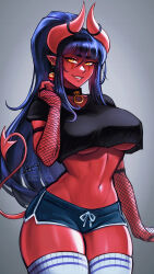 Rule 34 | 1girl, armband, artist name, black hair, breasts, collar, commentary, cowboy shot, cropped shirt, demon girl, demon horns, demon tail, dolphin shorts, earrings, english commentary, fingerless gloves, fishnet gloves, fishnets, gloves, hair between eyes, highres, horn ornament, horns, iahfy, jewelry, large breasts, long hair, navel, orange eyes, original, patreon username, ponytail, short sleeves, shorts, slit pupils, solo, synth (iahfy), tail, teeth, thighhighs, underboob, watermark