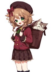Rule 34 | 1girl, :d, animal, backpack, bag, beret, blush, braid, brown hair, brown hat, brown skirt, commentary request, green eyes, hair bobbles, hair ornament, hair over shoulder, hands up, hat, holding strap, long hair, long sleeves, looking at viewer, low twintails, nijisanji, open mouth, plaid, plaid skirt, pleated skirt, red shirt, shirt, simple background, skirt, smile, solo, twin braids, twintails, virtual youtuber, warabeda meiji, white background, wolf, yamabukiiro
