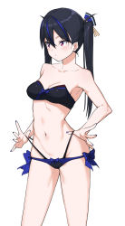 Rule 34 | 1girl, bare arms, bare shoulders, black bra, black hair, black panties, blue hair, blue nails, blush, bow, bow bra, bow panties, bra, breasts, cleavage, closed mouth, collarbone, fingernails, ginopi, groin, hair ornament, highres, lifting own clothes, long hair, looking away, looking to the side, medium breasts, multicolored hair, nail polish, navel, original, panties, red eyes, ribbon-trimmed bra, ribbon trim, simple background, solo, strap lift, strapless, strapless bra, streaked hair, twintails, underwear, underwear only, white background