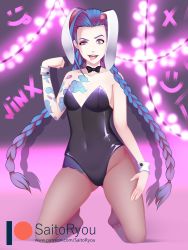 Rule 34 | 1girl, absurdres, animal ears, arm tattoo, blue hair, braid, fake animal ears, highres, jinx (league of legends), league of legends, legs, lipstick, makeup, pink eyes, playboy bunny, rabbit ears, solo, tattoo, thighhighs, twin braids, twintails