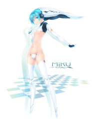 Rule 34 | 1girl, alternate hairstyle, android, blue eyes, blue hair, checkered floor, cosplay, drossel von flugel, drossel von flugel (cosplay), elbow gloves, fireball (series), flat chest, floor, gloves, hair up, hatsune miku, headphones, highres, joints, matching hair/eyes, midriff, nanakusa, navel, outstretched arm, panties, robot joints, shadow, solo, thighhighs, underwear, vocaloid, white background, white theme, white thighhighs