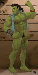 Rule 34 | 1boy, abs, barefoot, black gait, colored skin, erection, feet, full body, green skin, highres, kupo klein, male focus, muscular, orc, penis, presenting, solo, testicles, toes