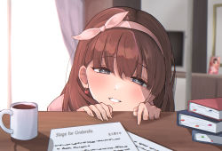 Rule 34 | 1girl, absurdres, blurry, blurry background, blush, book, brown hair, commentary request, cup, desk, earrings, fingernails, hair ribbon, highres, idolmaster, idolmaster cinderella girls, idolmaster cinderella girls starlight stage, indoors, jewelry, koyama hiyu, long fingernails, looking at viewer, medium hair, paper, ribbon, sakuma mayu, squatting, straight hair, table, teeth, window
